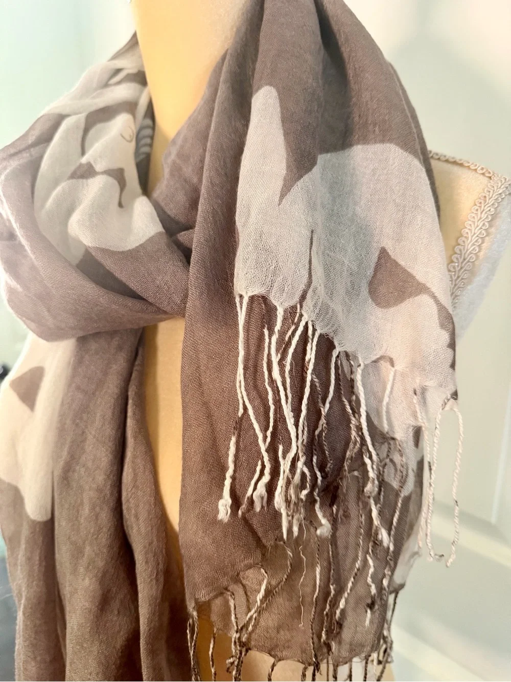 LOOK by M silk blend fringe scarf brown cream gorgeous OS
